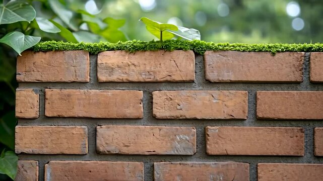 Brick wall texture with green moss and lush ivy foliage growing against masonry structure outdoors