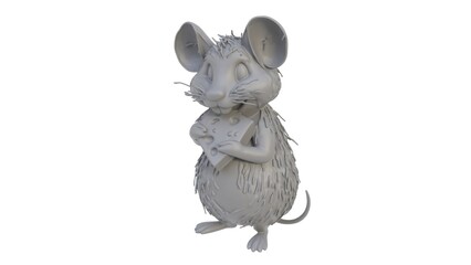 3D render of a mouse figurine with cheese on a light background. 3D render.