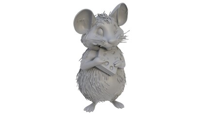 3D render of a mouse figurine with cheese on a light background. 3D render.