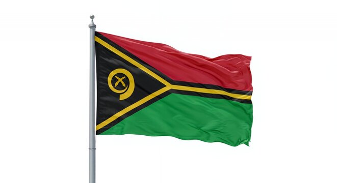 Vanuatu's vibrant flag billows proudly against a crisp white sky.