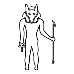 Anubis deity with jackal head ancient Egyptian god holds staff and anch cross silhouette mythical contour outline line icon black color vector illustration image thin flat style
