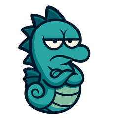 Grumpy Cartoon Seahorse with Folded Arms Illustration