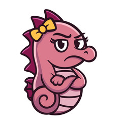 Grumpy Pink Seahorse With Yellow Bow Cartoon
