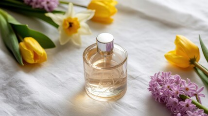 Perfume bottle on elegant white fabric surrounded by yellow tulips and purple hyacinths
