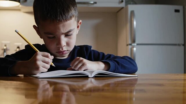 Young elementary school student concentrating while writing and drawing in notebook, seated at wooden table in home kitchen, displaying focused academic engagement