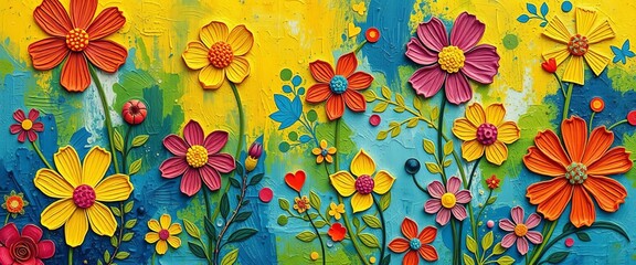 Whimsical abstract floral painting; vibrant impasto texture, bright colors,  modern,  surreal