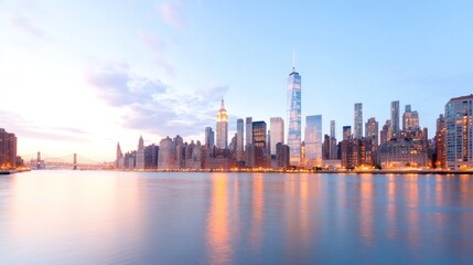 Fototapeta premium Stunning skyline view of a modern city at sunset with reflections on water, showcasing architectural beauty and urban life.