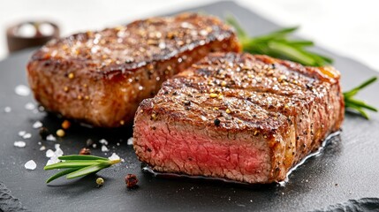 Succulent grilled steak served on a stone plate, garnished with fresh herbs and salt, perfect for gourmet cuisine enthusiasts.