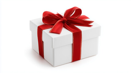 Fototapeta premium Top view of white gift box with red bow, isolated on white.