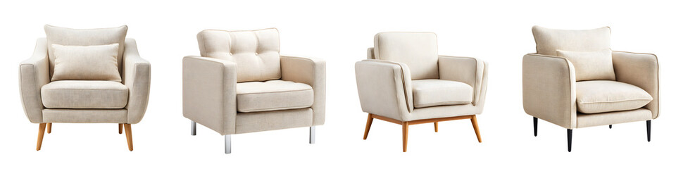 Fototapeta premium Collection of stylish modern armchairs in neutral tones isolated on white.