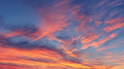 Fototapeta premium Fiery Sunset Sky Vibrant Orange and Pink Clouds Against Deep Blue Canvas Above