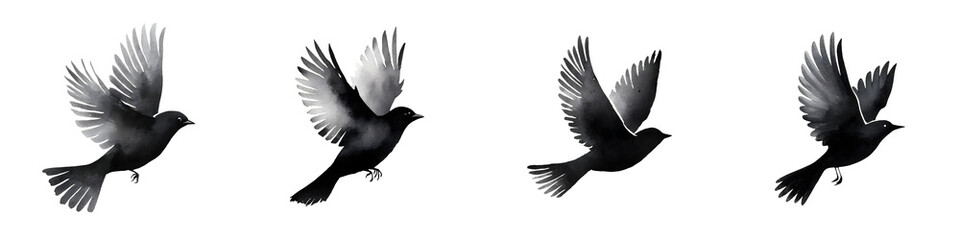 Naklejka premium Black Bird in Flight Sequence, Isolated on White