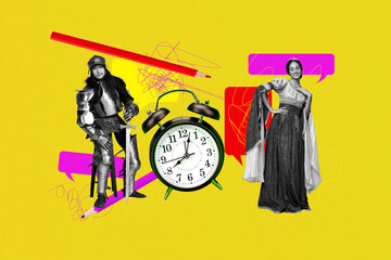 Pop zine full art photo collage of two happy girl guy business partners stand alarm clock deadline...