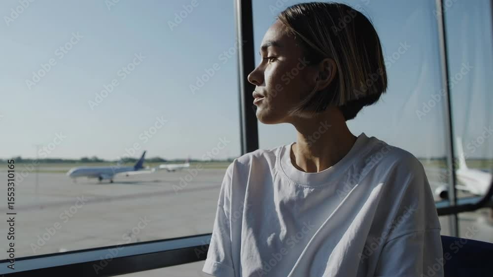 Poster passenger looking at airplane through window at airport terminal waiting for departure, enjoying the