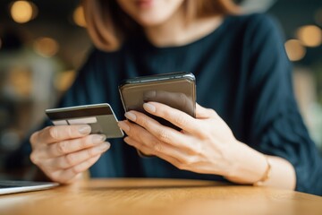 A person holds a credit card and smartphone