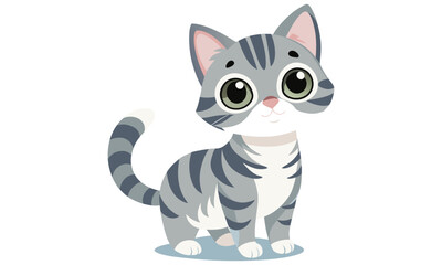 Adorable cartoon tabby cat with big green eyes and grey stripes standing on a light blue oval shape isolated on a white background perfect for children s books and designs