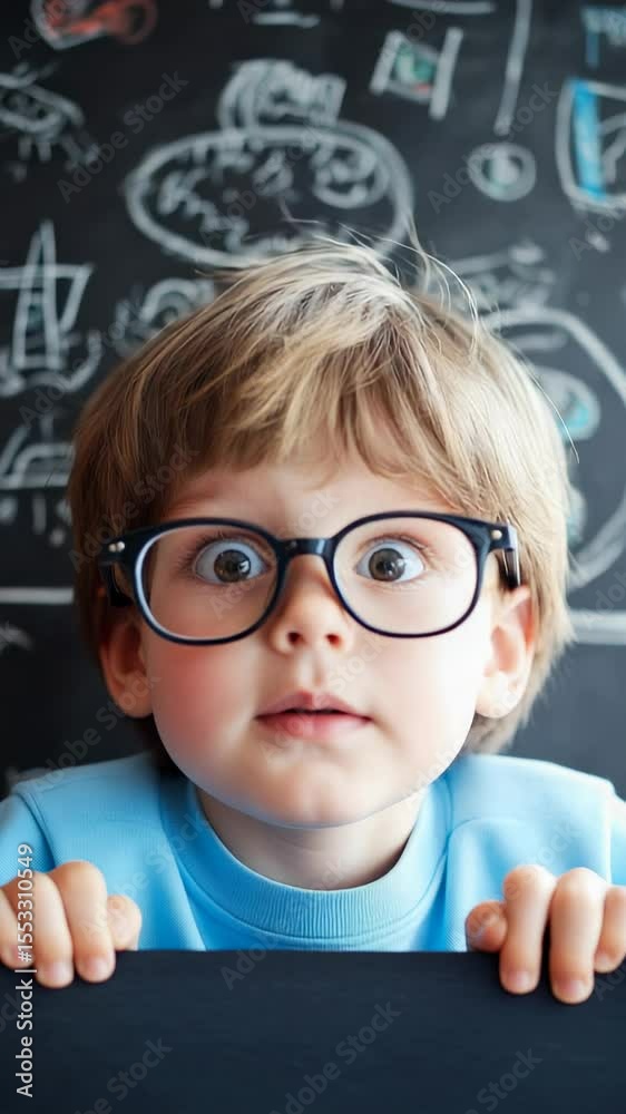 Aufkleber smart young pupil with eyeglasses hiding behind desk and peeking over it with curiosity at school, i