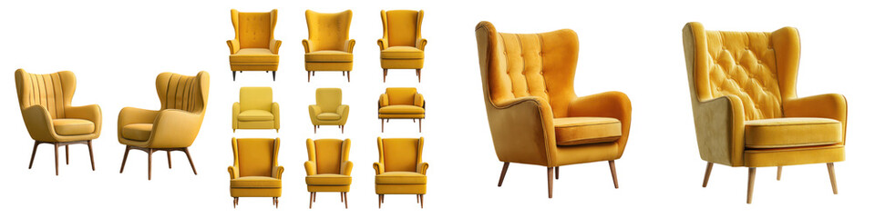 Elegant Yellow Armchairs Collection Isolated on White Background