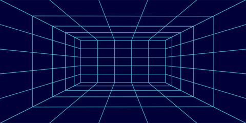 3D wireframe room on the blue background. Vector perspective grid. Box with digital space.