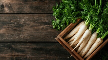 A visually appealing arrangement of fresh daikon radishes alongside vibrant green leaves on a rustic wooden surface, highlighting natural freshness and healthy eating.