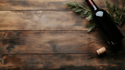 An elegant composition featuring a wine bottle atop rustic wooden surfaces adorned with evergreen accents, creating a warm and inviting atmosphere perfect for gatherings and celebrations.