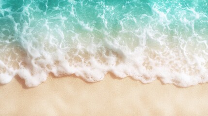 Breathtaking aerial view captures gentle turquoise waves lapping against a sandy shore, reflecting the serenity and beauty of coastal landscapes in a peaceful summer atmosphere.