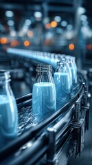 Milk bottling process in an industrial facility during daytime with blurred background and conveyor system in operation