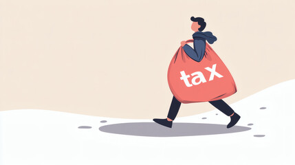 A person struggles under a large bag labeled "TAX," symbolizing the burden of taxes on individuals.
