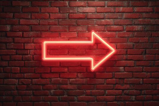 A red neon arrow on a dark red brick wall - Powered by Adobe