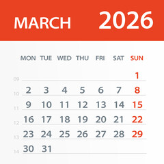 March 2026 Calendar Leaf - Vector Illustration. Week starts on Monday