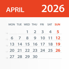 April 2026 Calendar Leaf - Vector Illustration. Week starts on Monday