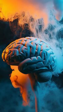 Vivid imagination and mental spark depicted as an exploding brain in a cloud of smoke against a backdrop.