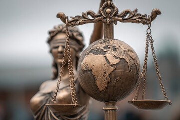 A statue of Lady Justice holds scales with a globe between the pans