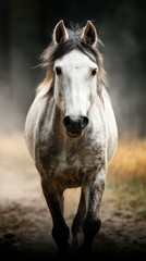 Obraz premium Majestic white horse galloping down a dusty trail surrounded by nature in warm daylight