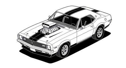 Naklejka premium Classic Muscle Car with Supercharger and Racing Stripes