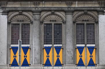 Westfries Museum Facade Detail with Windows and Blue and Yellow Wooden Shutters in Hoorn,...