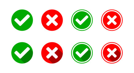 Yes and No or Right and Wrong or Approved and Declined Round Flat and with 3D Style Shadow Effect Icon Set with Green Check Mark and Red X Cross Sign. Vector Image.