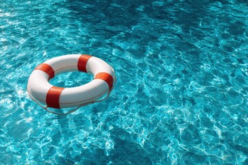 A white  orange life preserver floats in shimmering blue pool water