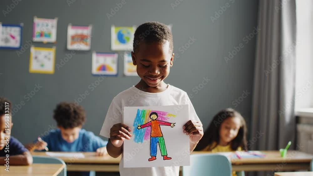 Poster young african american student displaying colorful person sketch during art class, classmates drawin