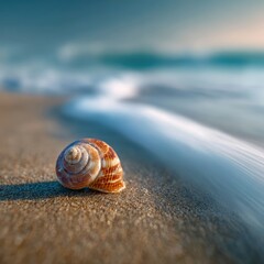 Seashell harmony on sunlit beach shore with calming ocean waves enhancing the coastal tranquility and beauty