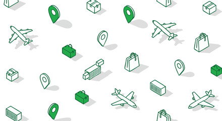 Modern Isometric Pattern Showcasing Green Logistics, Travel, Shipping, And Delivery Icons On White