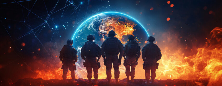 A group of silhouetted soldiers stands before a glowing, digital globe, symbolizing global connectivity and military technology.
