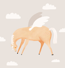 Cute Magical Unicorn. Funny Simple Vector Illustration Of Light Brown Unicorn With White Wings on a Light Gray Background. Nursery Art Ideal For Wal Art, Poster, Card. Kids Room Decoration. 