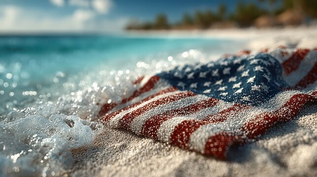 American flag resting on sandy beach near ocean waves during bright sunny day - Powered by Adobe