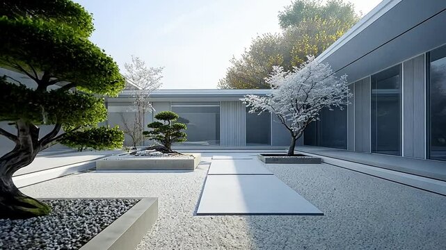 A minimal modern courtyard with gravel, trees, and stone pavers in neutral tones