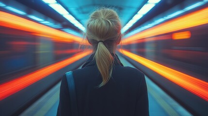 Woman standing in a tunnel with lights in motion artistic representation of urban lifestyle and solo traveling
