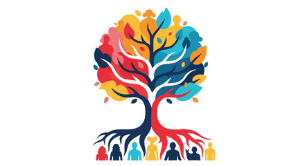 Abstract Tree with Diverse Silhouettes as Roots, Signifying Unity, Growth, and Community Connection