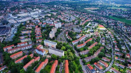 A panorama aerial view around the old town of the city Hardhöhe Fürth in Germany on a sunny spring morning
