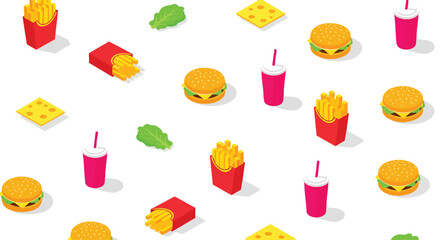Vibrant Isometric Fast Food Pattern Featuring Burgers, French Fries, and Drinks for Design Backgrounds