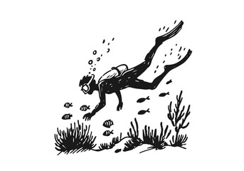 Swimming at sea  hand drawn vector illustration